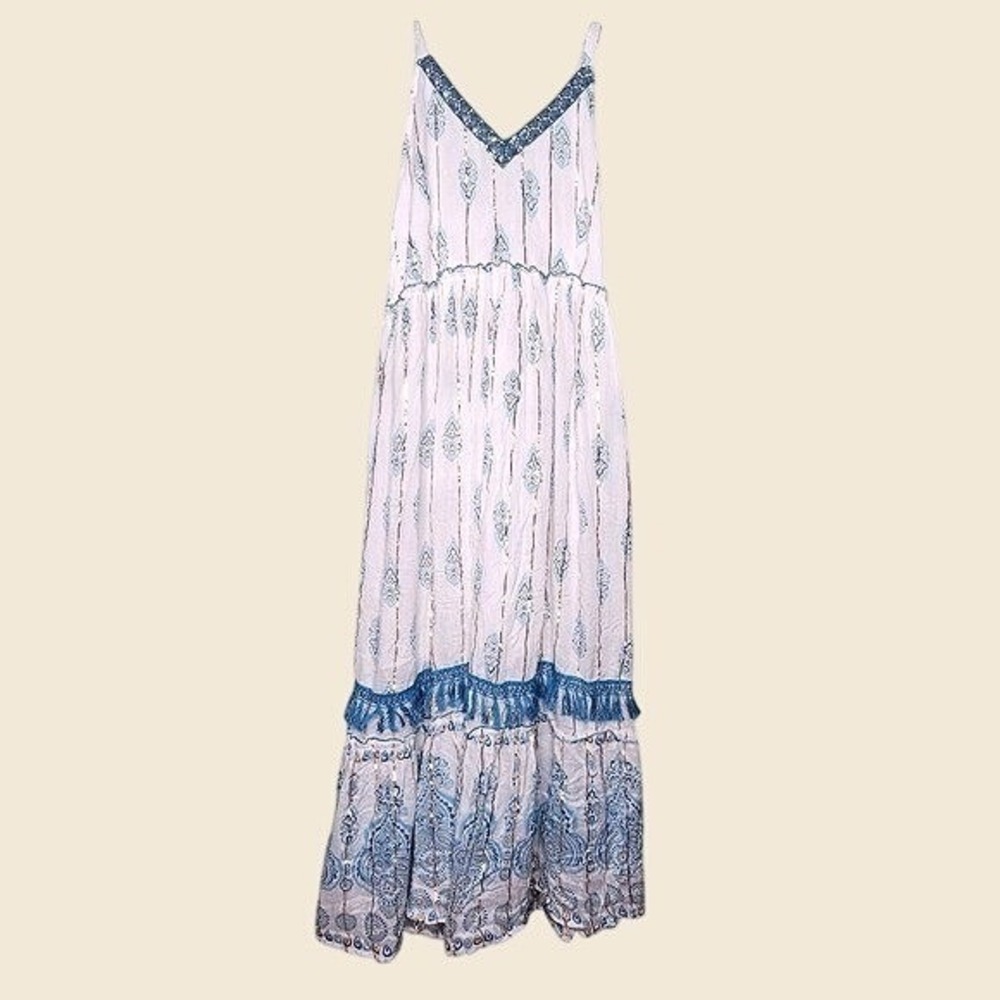 Me 2 Magic Boho Tiered Maxi Dress Sleeveless Metallic Tassels Cottage Peasant M